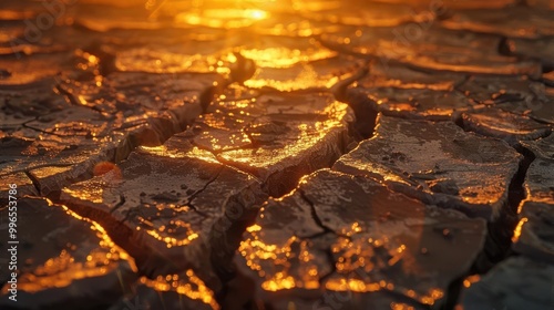 Cracked earth illuminated by vibrant sunset, long shadows stretching across the dry landscape, dramatic lighting, photo-realistic