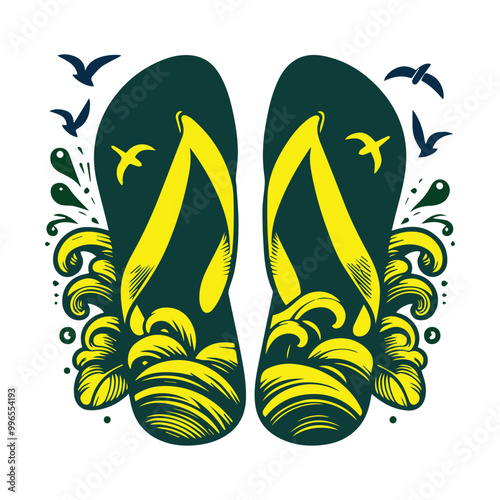 Summer chappal at the beach with wave, sail and birds
