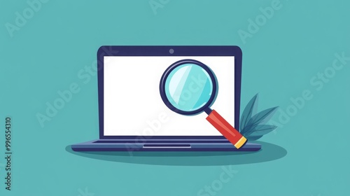 Illustration of a laptop with a magnifying glass placed on the screen, symbolizing search, analysis, and online research