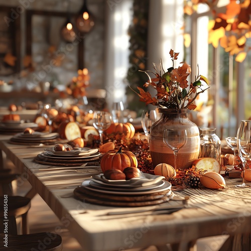 Cozy autumn table, Thanksgiving dinner with fallthemed decor, wooden elements, 3D illustration photo