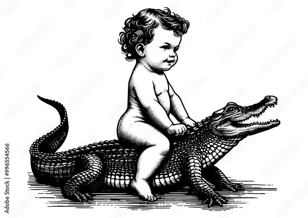Fototapeta premium baby riding an alligator, blending surreal and vintage elements in detailed line art sketch engraving generative ai PNG illustration. Scratch board imitation. Black and white image.