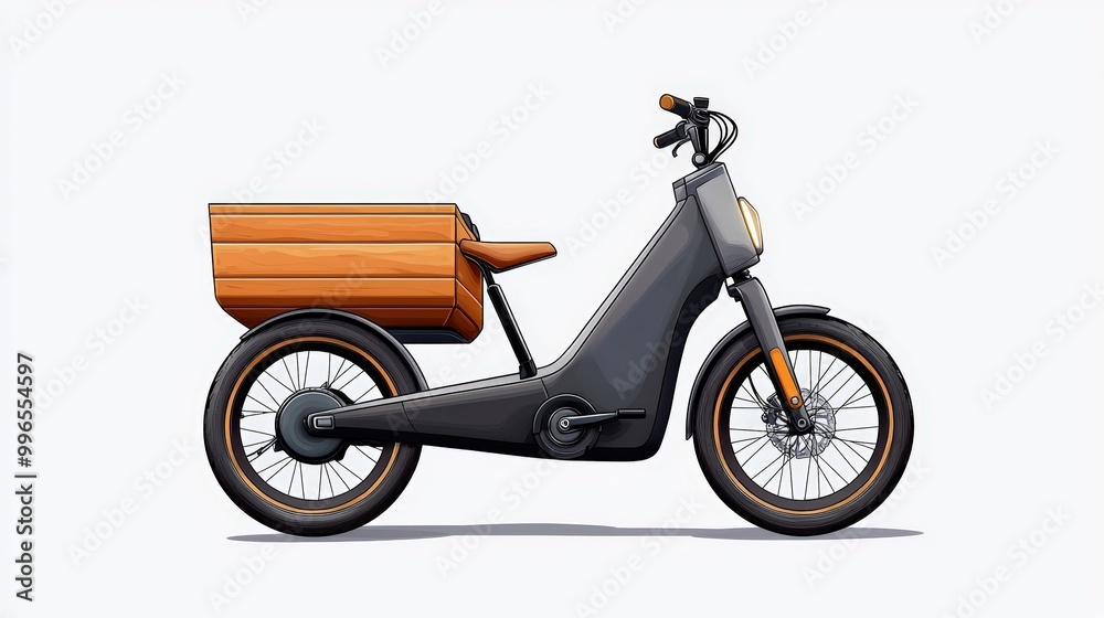 Obraz premium Stylish cargo bike with wooden box, white isolate background