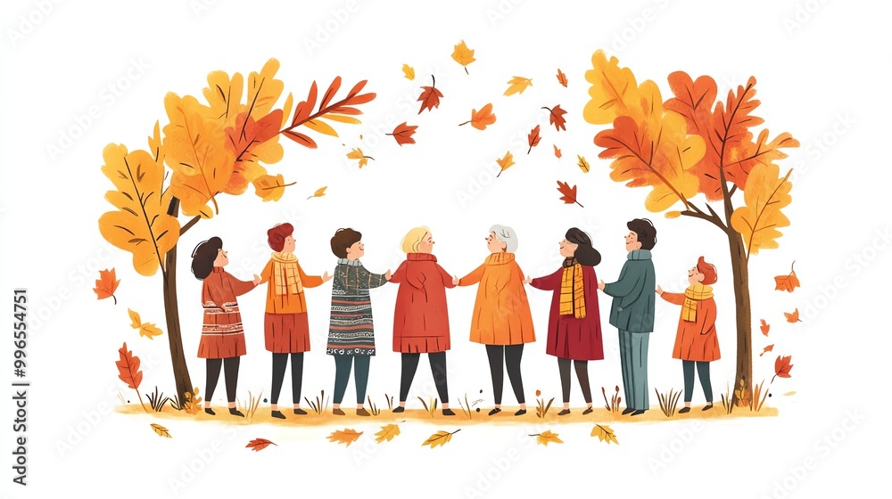 Family gathered in a circle, holding hands and expressing gratitude, warm autumn colors, handdrawn illustration, isolated on white background Family gathered in a circle, holding hands and expressing gratitude, warm autumn colors, handdrawn illustration, isolated on white background