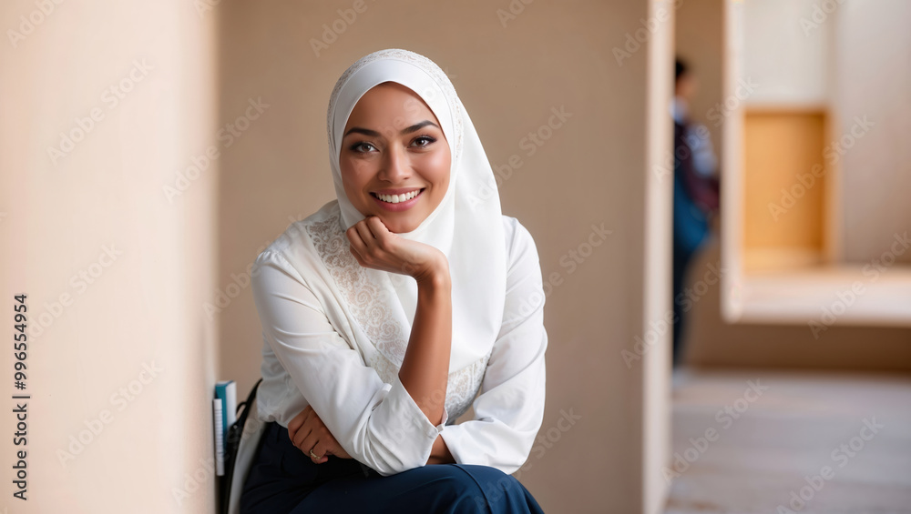 Muslim businesswoman smiling and posing in office building Muslim businesswoman smiling and posing in office building