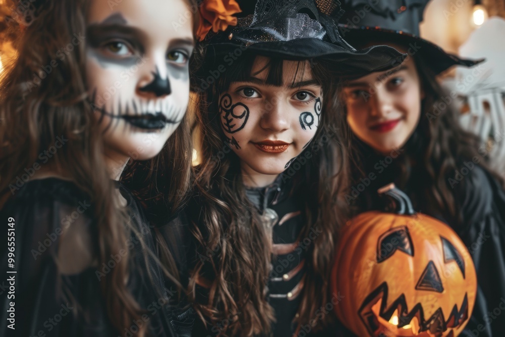 Fototapeta premium Kids in Halloween costumes with painted faces, holding pumpkin balloons, celebrating indoors.