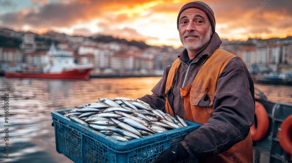 Fisherman Lifting Crate of Fresh Fish in Vigo Fisherman Lifting Crate of Fresh Fish in Vigo