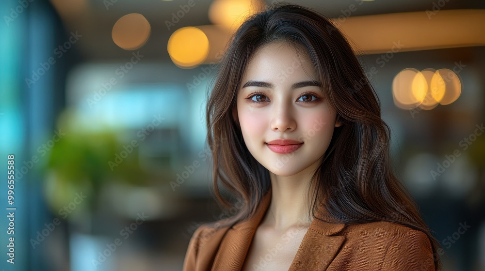 Fototapeta premium Portrait of a Beautiful Young Asian Woman in a Brown Blazer