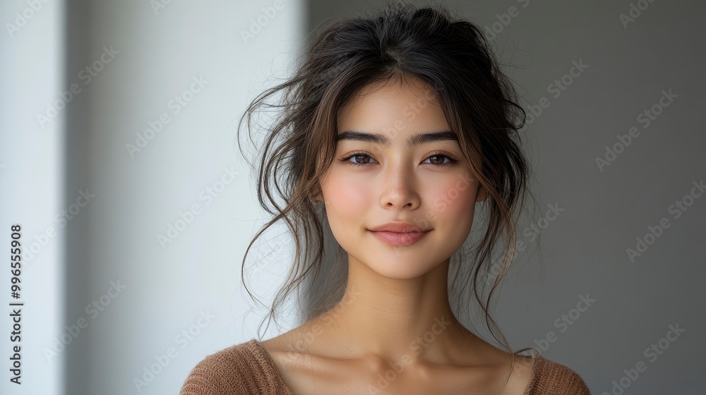 Portrait of a Beautiful Young Woman with Long Brown Hair and a Soft Smile Portrait of a Beautiful Young Woman with Long Brown Hair and a Soft Smile