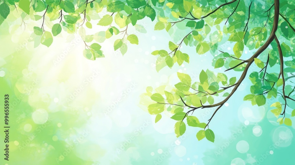 Vector illustration of green tree branches with leaves on the right side, sun rays and bokeh in the background Vector illustration of green tree branches with leaves on the right side, sun rays and bokeh in the background