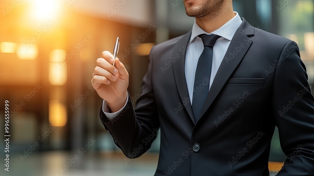 Fototapeta premium A professional man in a suit holding a pen, symbolizing business and leadership against a modern office backdrop.