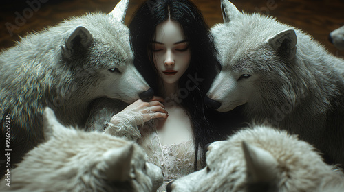 witch and white wolves, witch wearing in deep red dress, harmony with nature, dark gray nature background