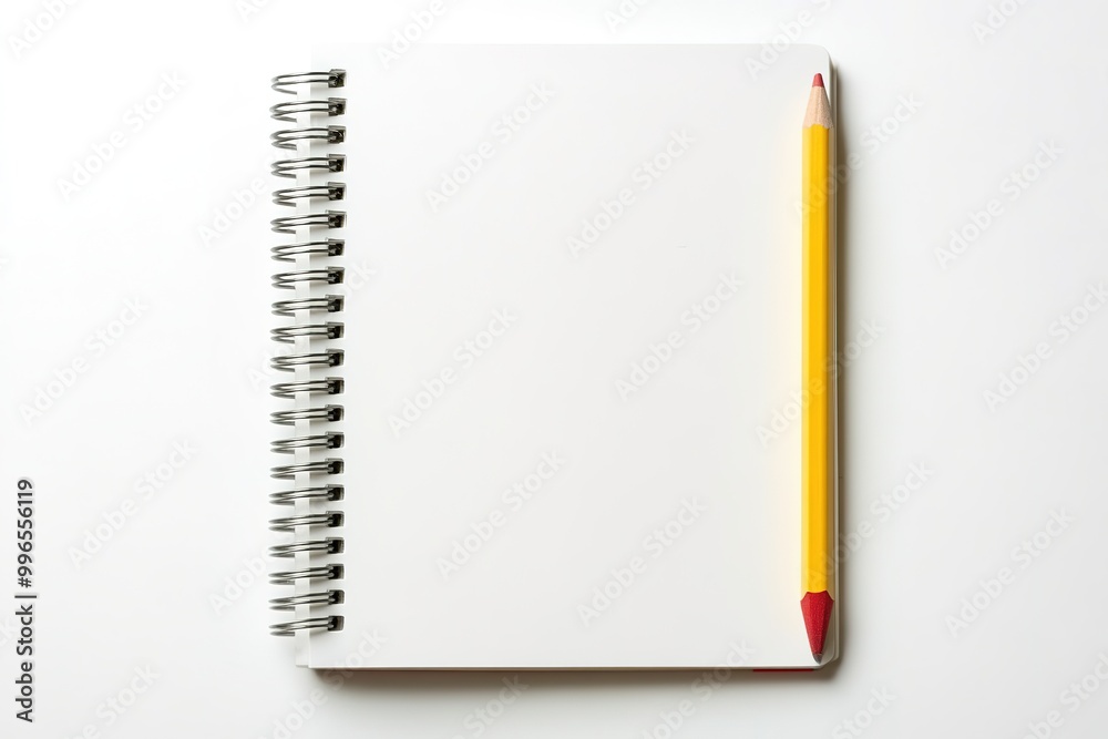 Blank spiral notebook with yellow pencil on white Blank spiral notebook with yellow pencil on white