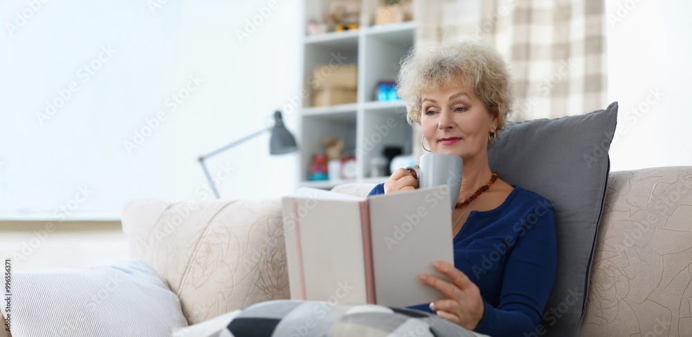 Portrait of old lady reading book and drinking cup of coffee being comfy on sofa at home. Attractive senior woman relaxing on weekend. Spare time concept Portrait of old lady reading book and drinking cup of coffee being comfy on sofa at home. Attractive senior woman relaxing on weekend. Spare time concept