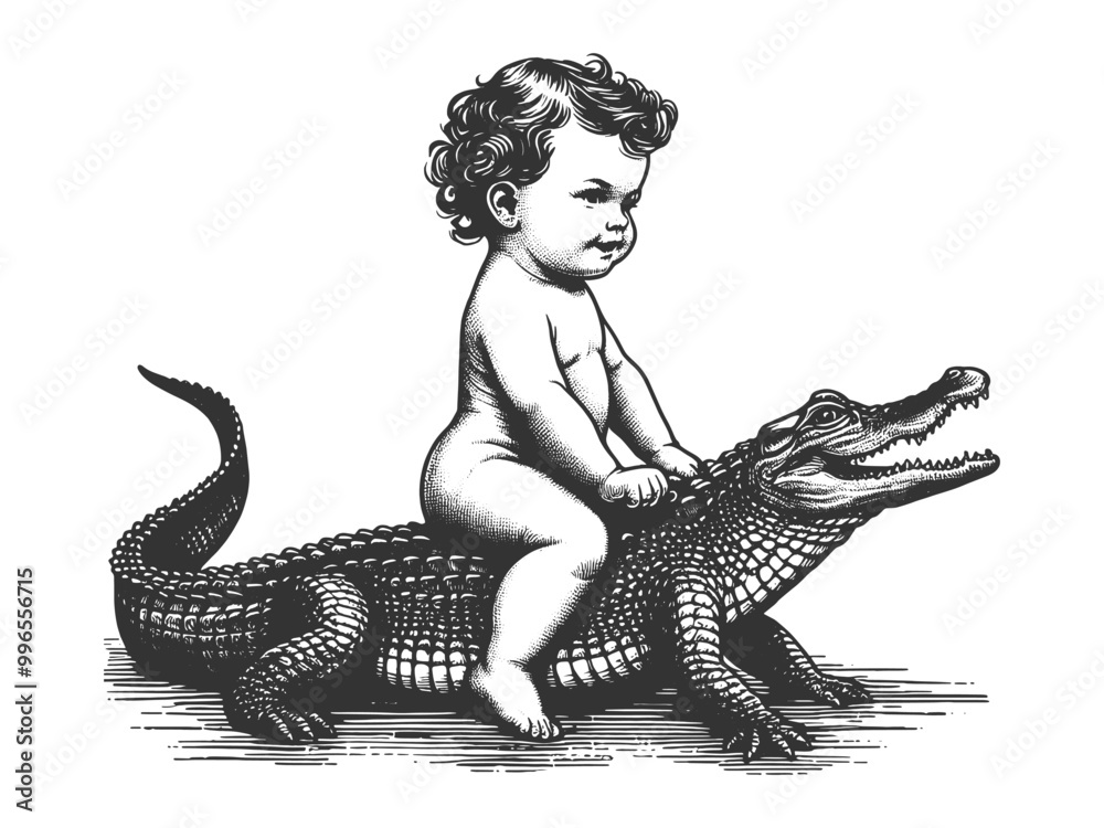 Fototapeta premium baby riding an alligator, blending surreal and vintage elements in detailed line art sketch engraving generative ai vector illustration. Scratch board imitation. Black and white image.