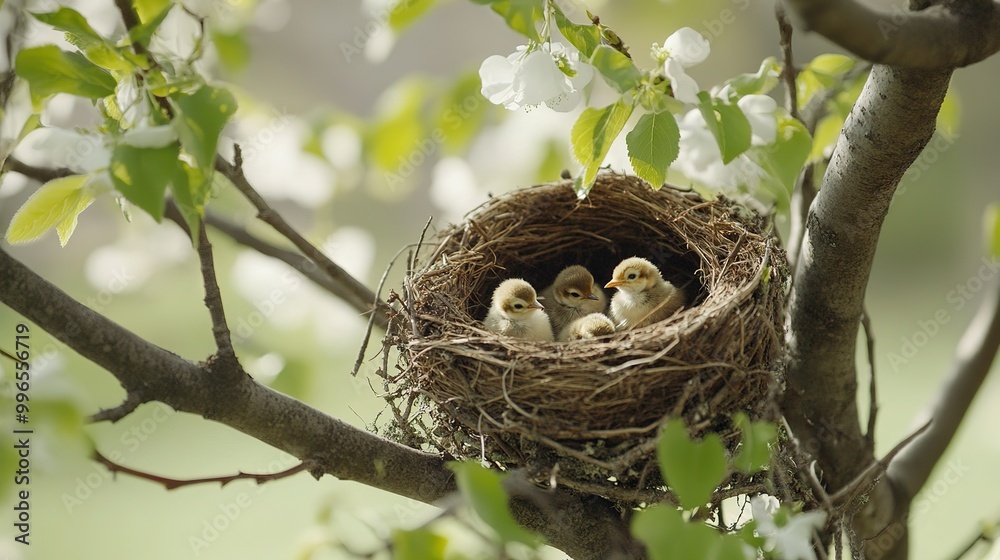 Nesting chicks in a tree, surrounded by vibrant spring blossoms on a sunny day in a peaceful backyard garden Nesting chicks in a tree, surrounded by vibrant spring blossoms on a sunny day in a peaceful backyard garden