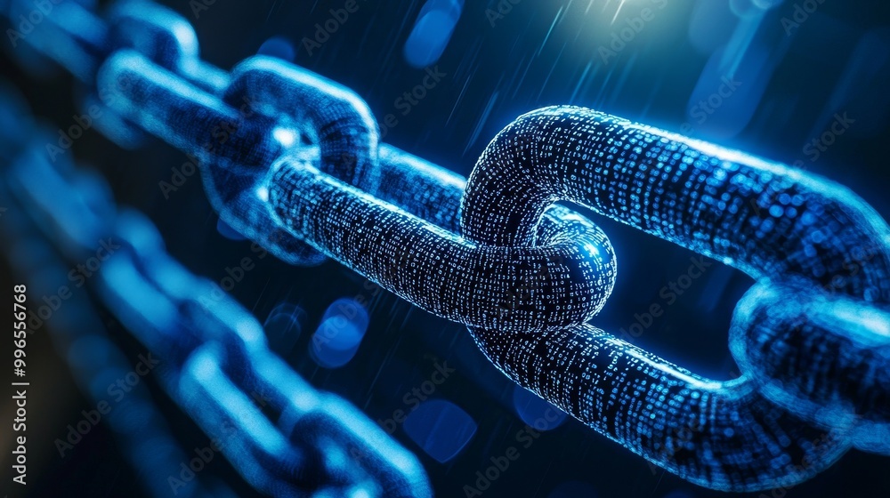 This is a conceptual image of a blockchain security chain with encoded links over a background of digital code streaming. This is a conceptual image of a blockchain security chain with encoded links over a background of digital code streaming.