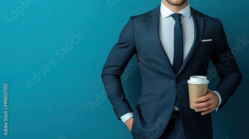 A professional man in a tailored suit holds a coffee cup against a vibrant blue background, exuding confidence and style. photo