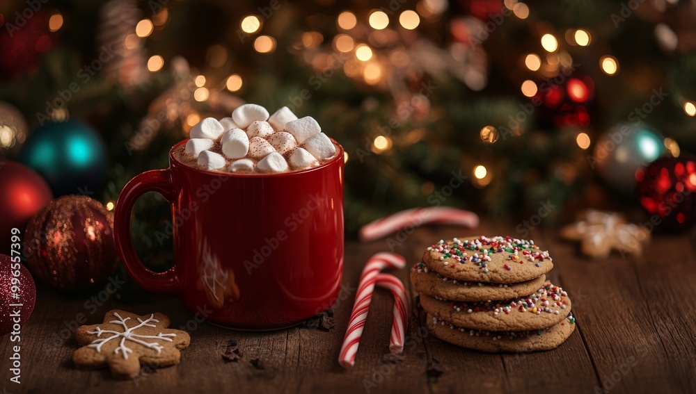 custom made wallpaper toronto digitalThe Christmas tree and Christmas decorations are shown in this background, along with a cup of hot chocolate coffee and christmas cookies