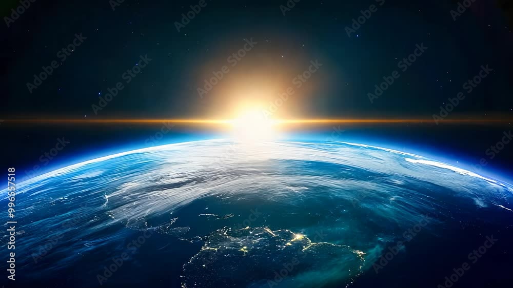 Stunning Earth View from Space with Sunrise Over Horizon, Beautiful Cosmic Scene Capturing the Planet and Celestial Light.