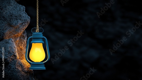 Vintage lantern glowing softly against a dark stone background. photo