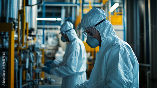 Workers wearing protective gear in factory setting, focused on their tasks while ensuring safety and compliance. environment is industrial, highlighting importance of safety measures in such