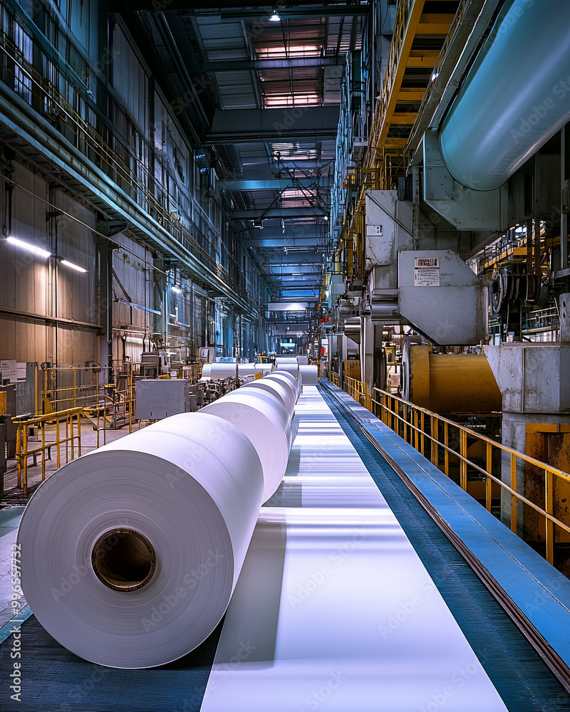 Large rolls of paper being produced in factory setting, showcasing industrial process of paper manufacturing. scene captures machinery and organized workflow, evoking sense of efficiency and Large rolls of paper being produced in factory setting, showcasing industrial process of paper manufacturing. scene captures machinery and organized workflow, evoking sense of efficiency and