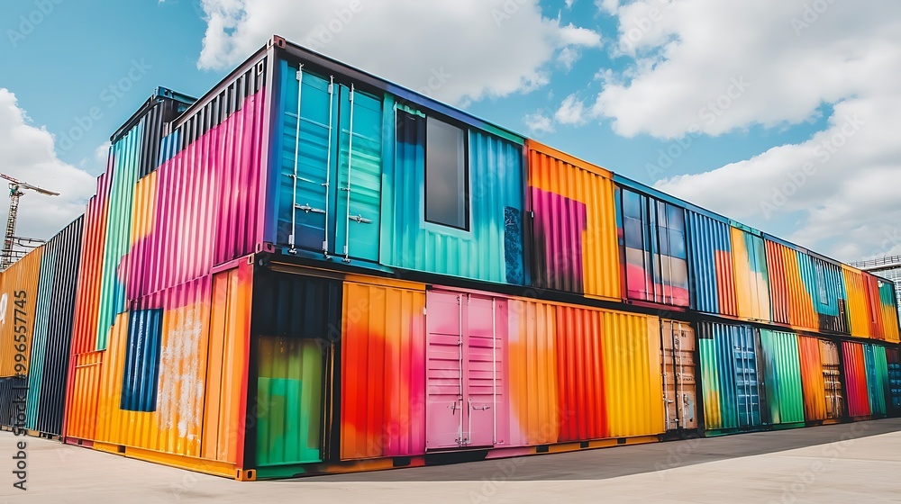 Fototapeta premium Colorful Shipping Containers Stacked Against a Blue Sky.
