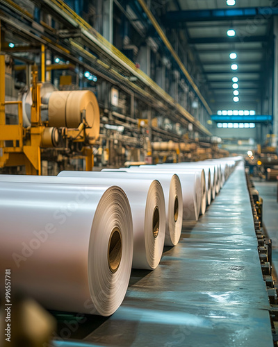 Large rolls of paper are being produced in factory setting, showcasing industrial process of manufacturing. scene captures organized layout and machinery involved in paper production