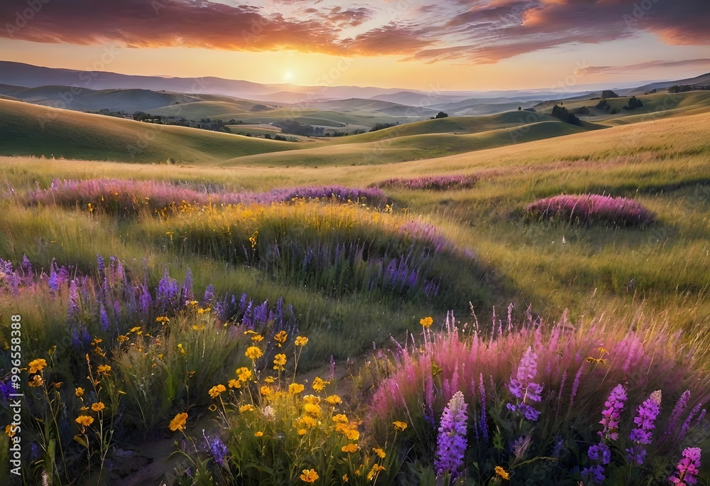 Obraz premium Vibrant wildflowers bloom under a colorful sunset in rolling hills, creating a serene landscape at dusk. Generative AI
