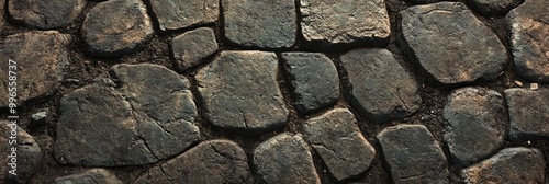 Cobblestone street texture, with uneven stones and weathered surfaces