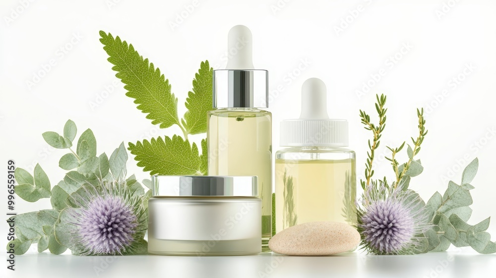 A set of skincare products with floral accents. The products include a jar of cream and two bottles of serum. The image is perfect for beauty and wellness marketing. A set of skincare products with floral accents. The products include a jar of cream and two bottles of serum. The image is perfect for beauty and wellness marketing.