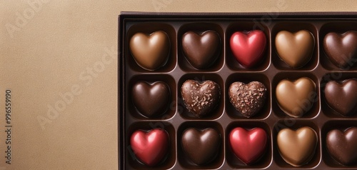 Assorted heart-shaped chocolates in a box, featuring a variety of flavors and textures, perfect for gifting and special occasions.