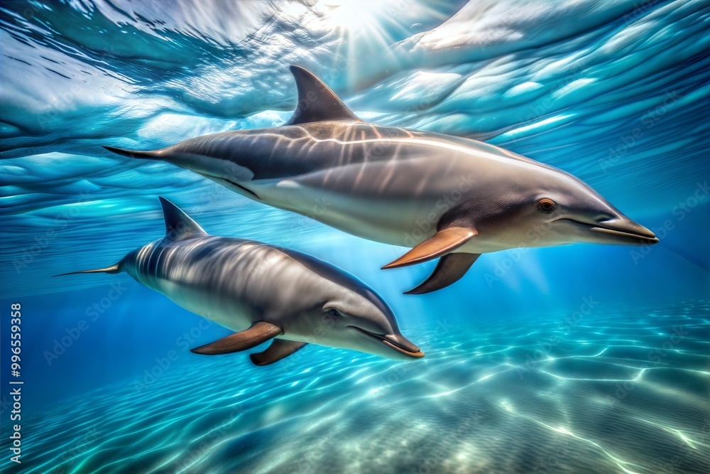 Two dolphins swimming gracefully in clear ocean water Two dolphins swimming gracefully in clear ocean water