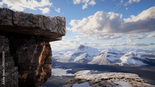 Expansive mountain landscape with rocky cliffs and snowy peaks under a blue sky dotted with clouds. photo