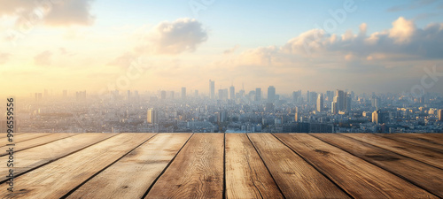 A beautiful city skyline at sunset, viewed from a wooden deck, showcasing distant skyscrapers and vibrant clouds illuminating the urban landscape. rooftop dinner bar and restaurant of building