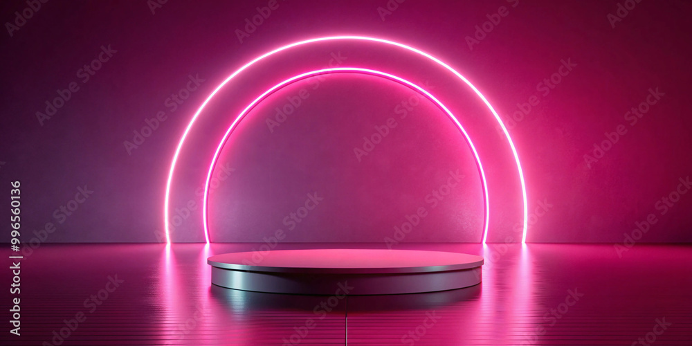 Empty podium with pink neon circle frame and planets decor. Stage for product, pedestal for presentation. Background 3d Render. Empty podium with pink neon circle frame and planets decor. Stage for product, pedestal for presentation. Background 3d Render.