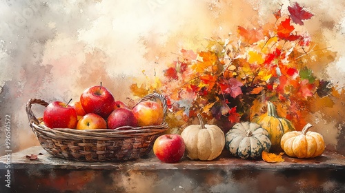 Thanksgiving table with woven baskets of apples and gourds, vibrant autumn tones, Watercolor style