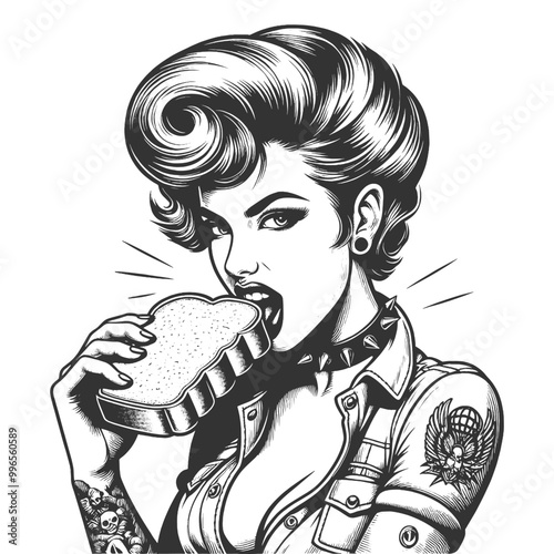 retro punk woman with tattoos and spiked collar, eats bread, edgy style sketch engraving generative ai fictional character vector illustration. Scratch board imitation. Black and white image.