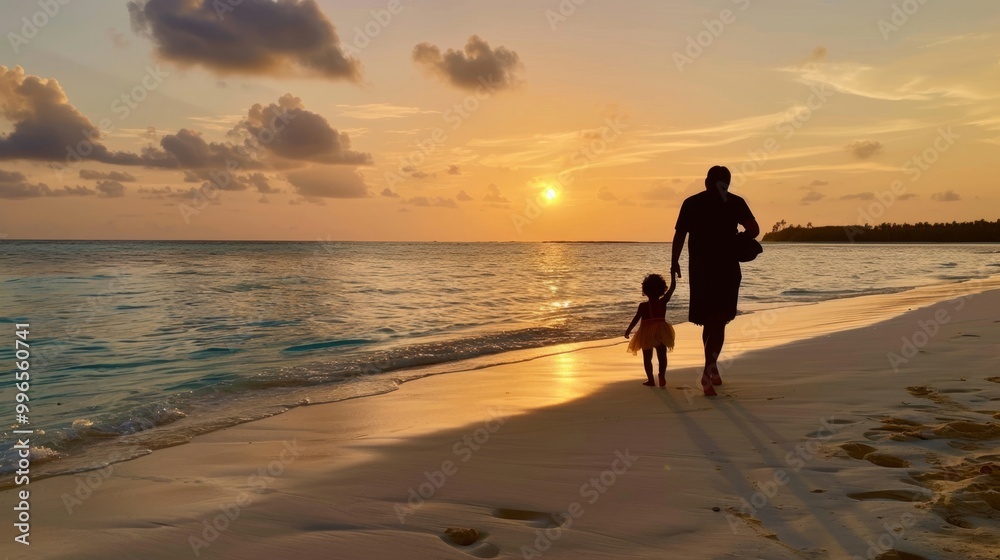 Naklejka premium Father with little daughter walks along the seashore at sunset 