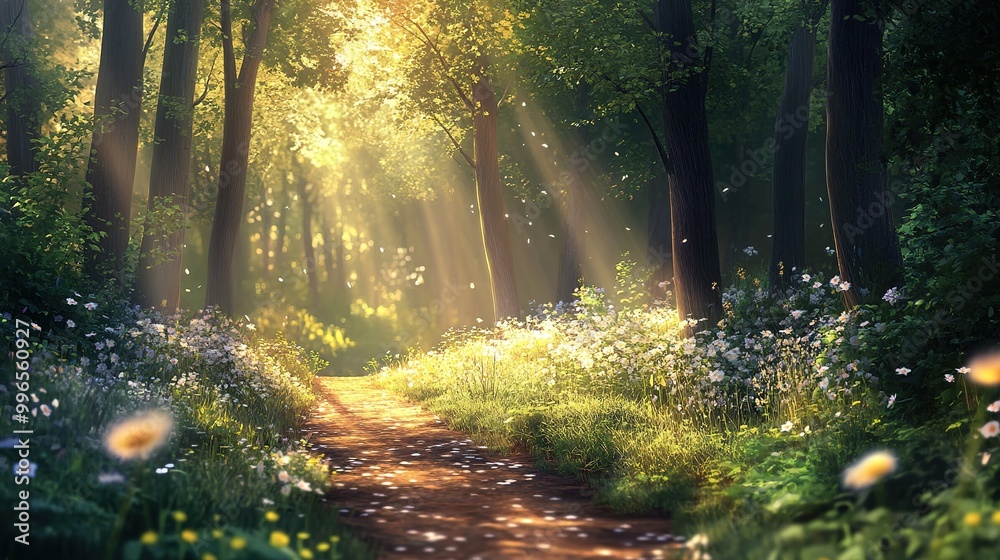 A tranquil forest path illuminated by sunlight with blooming flowers in a serene natural setting A tranquil forest path illuminated by sunlight with blooming flowers in a serene natural setting