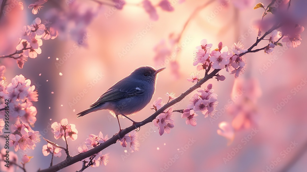 Obraz premium A small bird perched among delicate cherry blossoms during a serene sunset in springtime