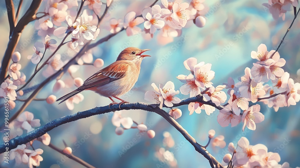 A small bird perched among delicate cherry blossoms during a serene sunset in springtime A small bird perched among delicate cherry blossoms during a serene sunset in springtime