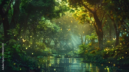 Enchanted Forest with Glowing Trees and Tranquil Water