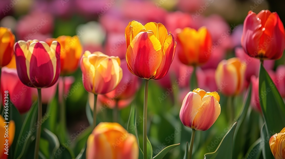 Vibrant tulip garden bathed in sunlight during a serene spring morning in a lush woodland area Vibrant tulip garden bathed in sunlight during a serene spring morning in a lush woodland area