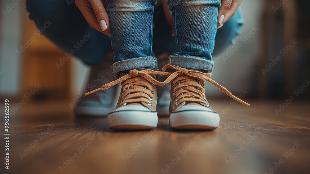 Close-up of a person tying shoelaces on casual sneakers at home. Close-up of a person tying shoelaces on casual sneakers at home.