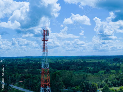 Aerial view of the top of the telecommunications tower. Antenna designed for mobile phone signal transmission. Cellular Telecommunications Radio transmitter 5g 4g mobile and smartphone