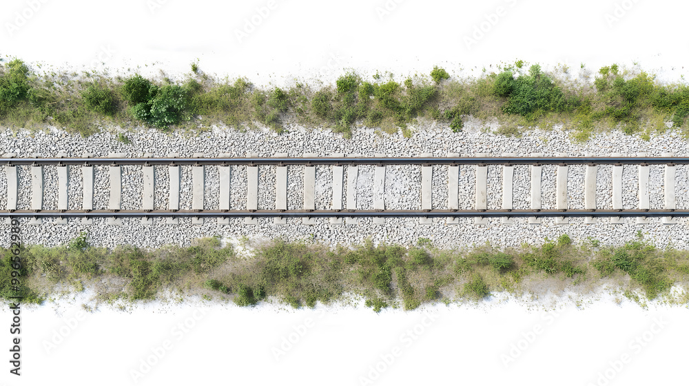 Railway rails with sleepers on gravel close-up top view Railway rails with sleepers on gravel close-up top view