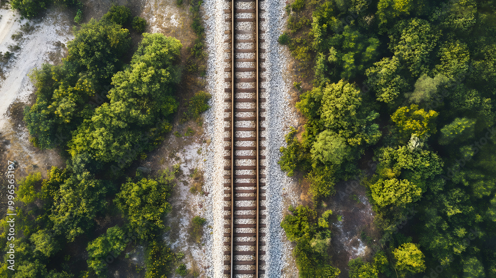 Railway rails with sleepers on gravel close-up top view