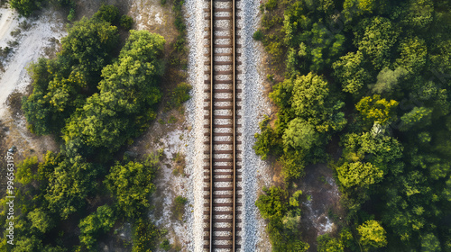 Railway rails with sleepers on gravel close-up top view