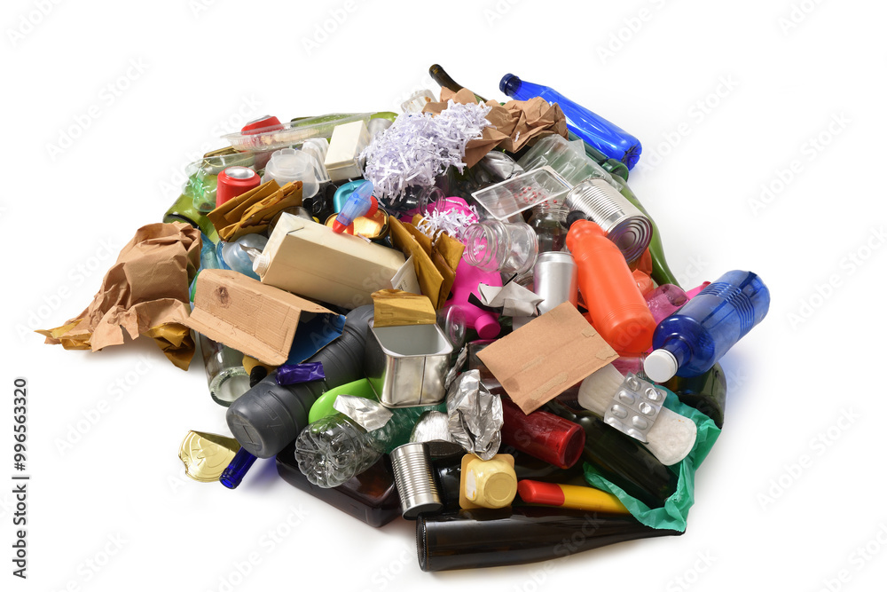 garvage,elevated, view of group of plastic containers of glass, cans and paper on a white background garvage,elevated, view of group of plastic containers of glass, cans and paper on a white background